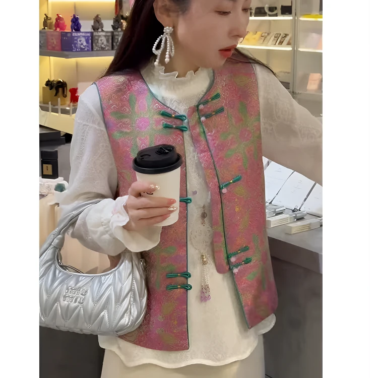 休闲百搭高级感粉绿拼接马甲气质网红时尚复古中式马夹民族风【mu】