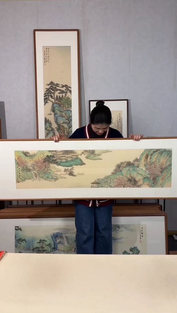 国画手绘*烟柳春舟*52*172cm带框发货