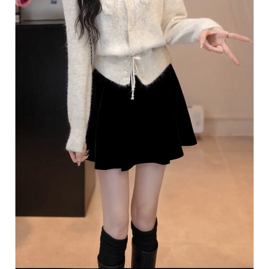 YUANLIANSU/圆脸酥【墨染成画】时尚百搭气质黑色丝绒半身裙女秋冬