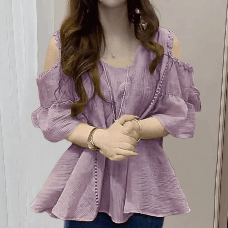 2025夏季新款时尚露肩宽松大码洋气小衫减龄百搭休闲显瘦衬衫上衣