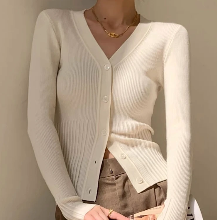 (01_70)v领纯棉针织开衫女圆领薄款宽松长袖外套秋季全棉线瘦韩版