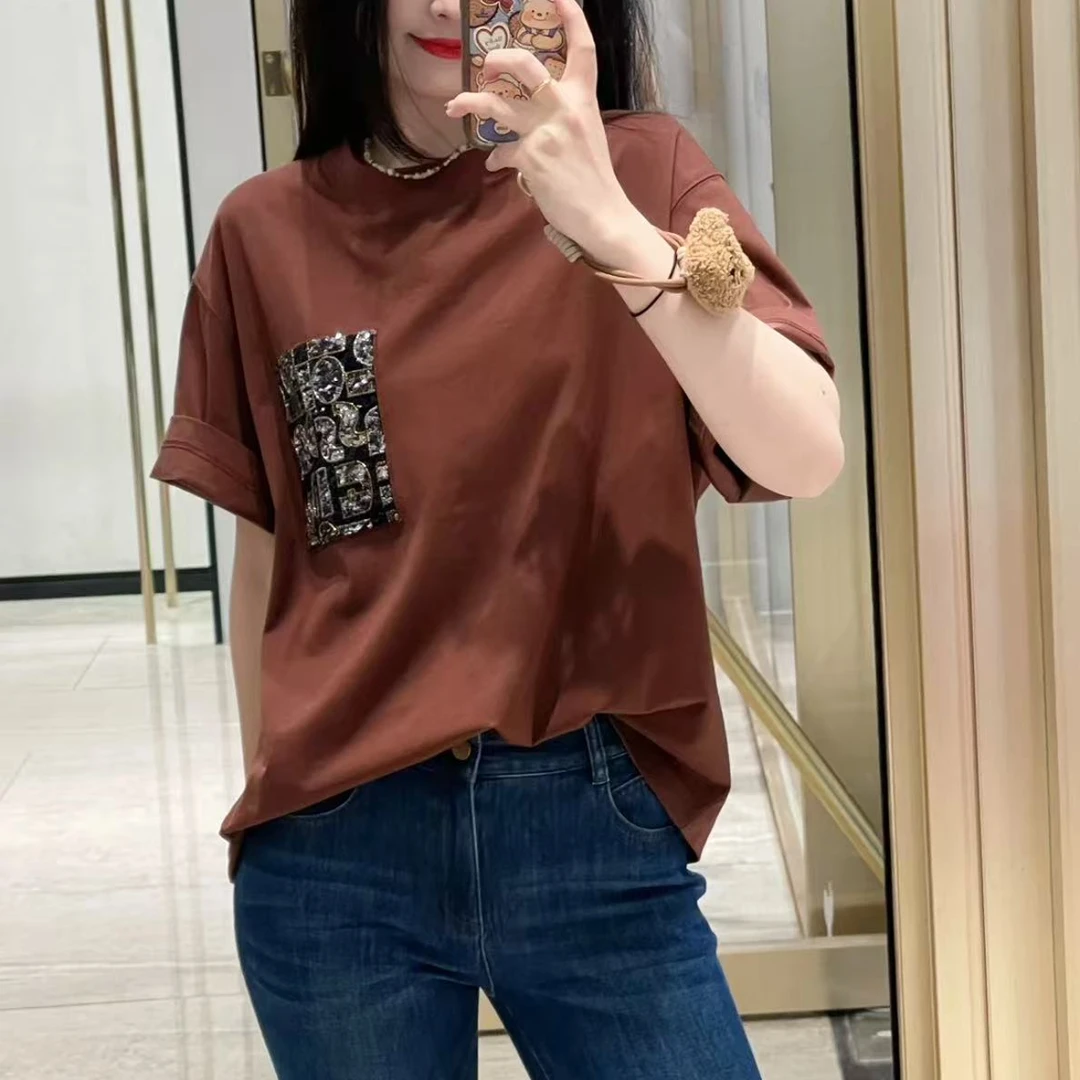 【AMSSGIRD】夏季新款圆领钉珠宽松百搭休闲短袖T恤女530088