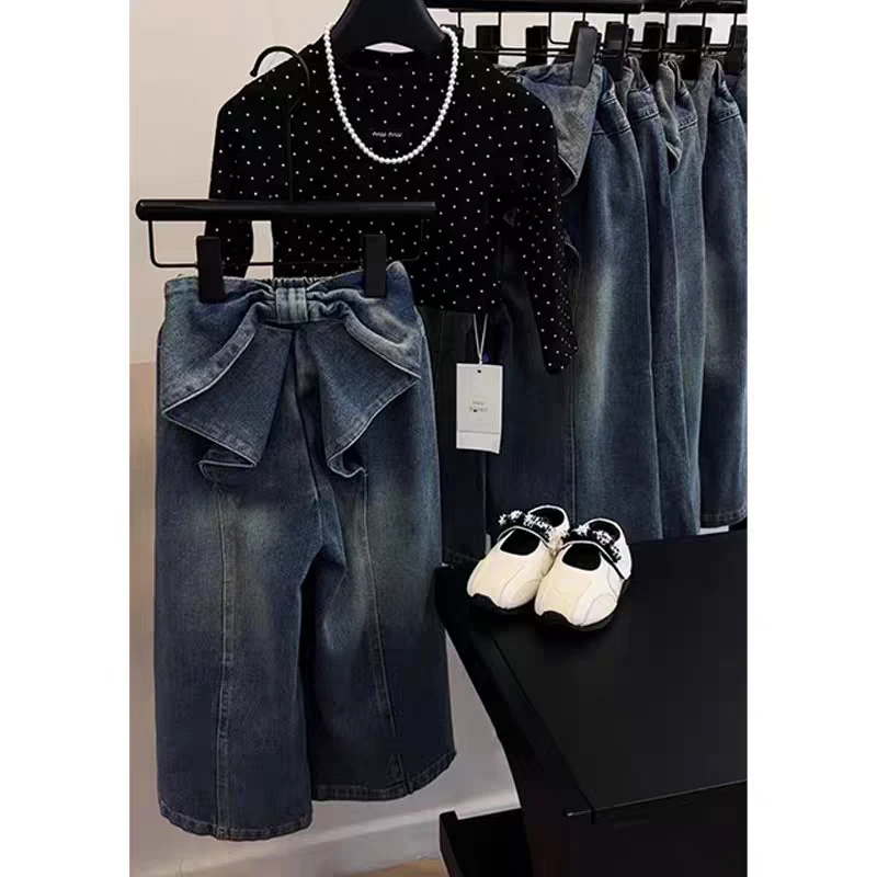 韩版童装女童牛仔裤潮酷穿搭裤子2025春装新款洋气儿童蝴蝶结长裤