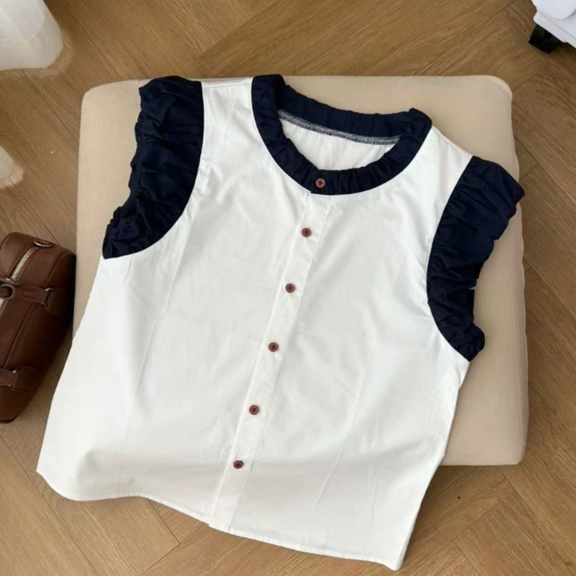 夏季新款时尚洋气设计感圆领衬衣开衫气质女装