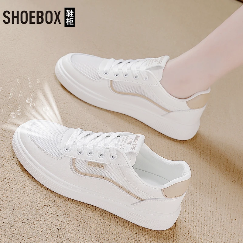 SHOEBOX鞋柜平底休闲小白鞋女2025爆款透气运动鞋网面休闲鞋子