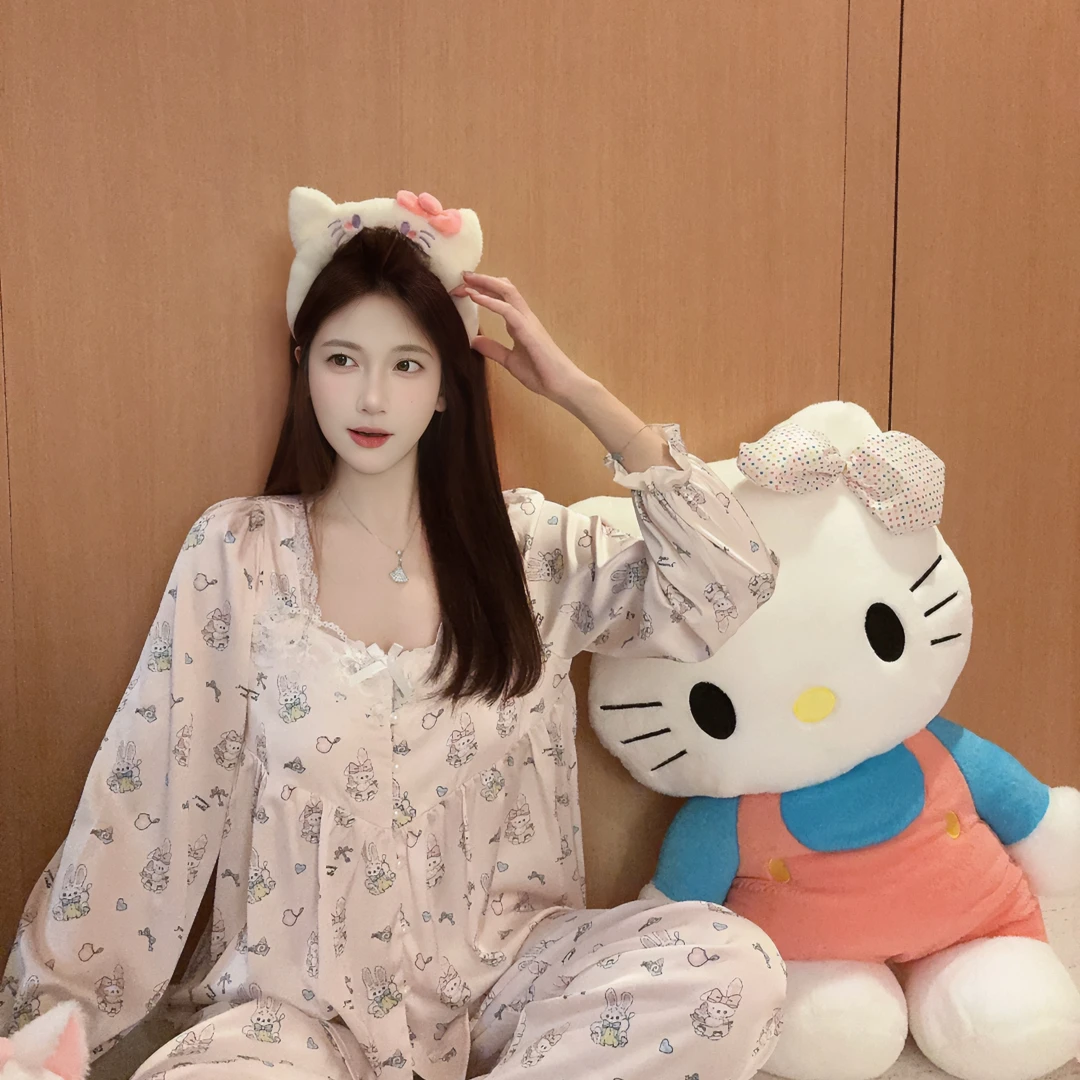 九九葉^「奇幻小奶兔梦境」春夏甜美粉色公主睡衣带胸垫家居服冰丝