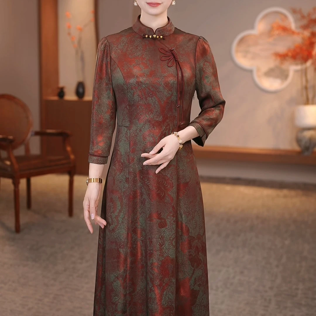 2025春秋新款长袖洋气国风改良旗袍妈妈装连衣裙（琴）OY-252080