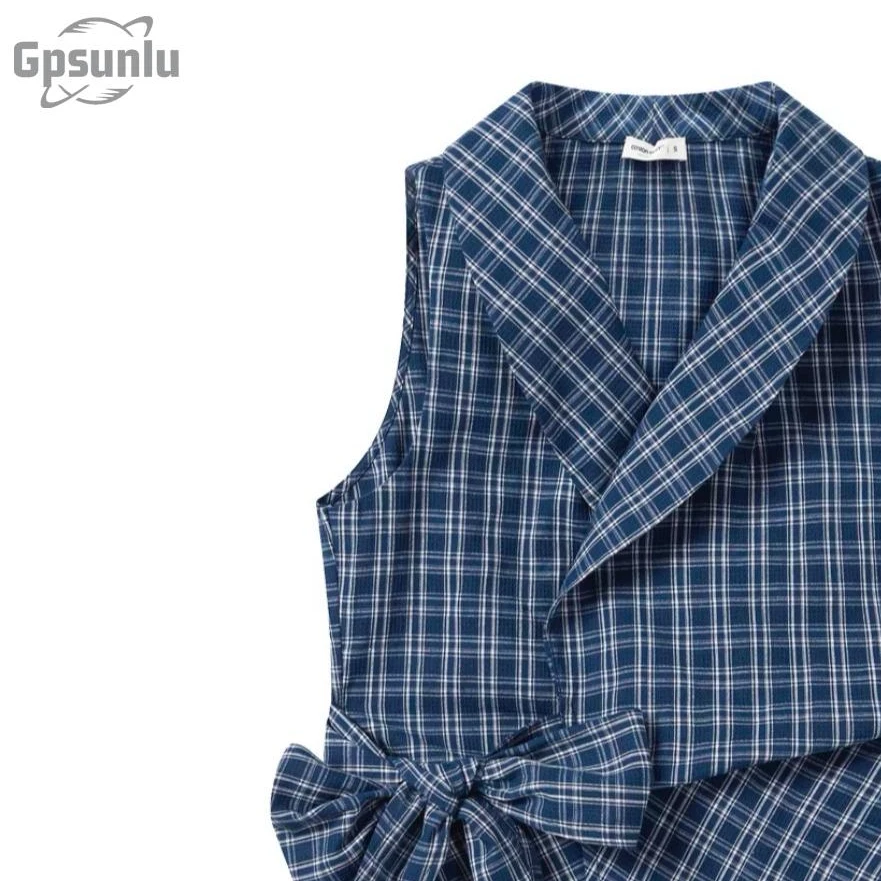 gpsunlu法式蝴蝶结绑带蓝色格子衬衫背心女夏季外穿修身无袖上衣