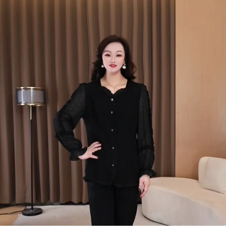 胖大柳大码女装2025新款法式长袖上衣显瘦百搭时尚洋气小衫250358