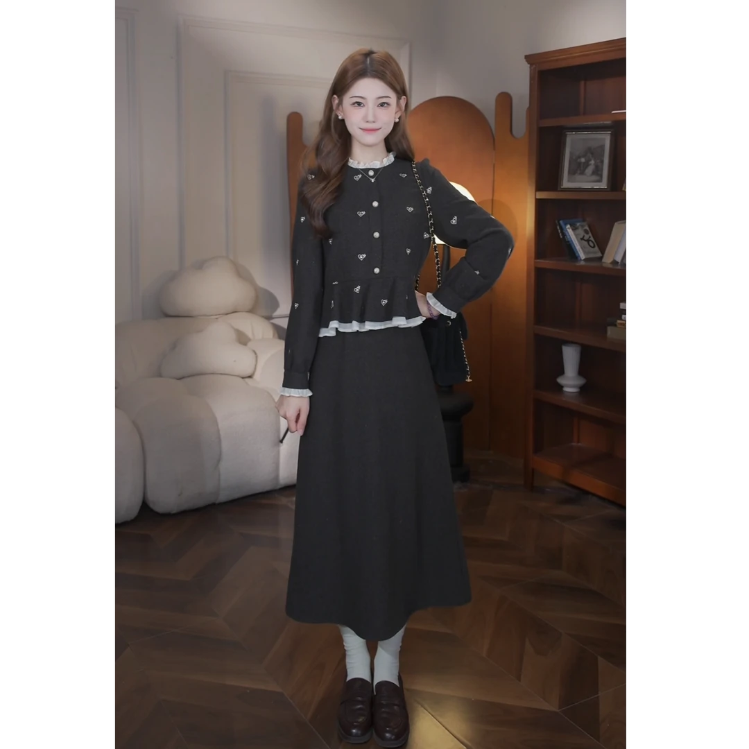 鹿向南「松烟入墨」新款韩系千金感假两件拼接长款连衣裙子女