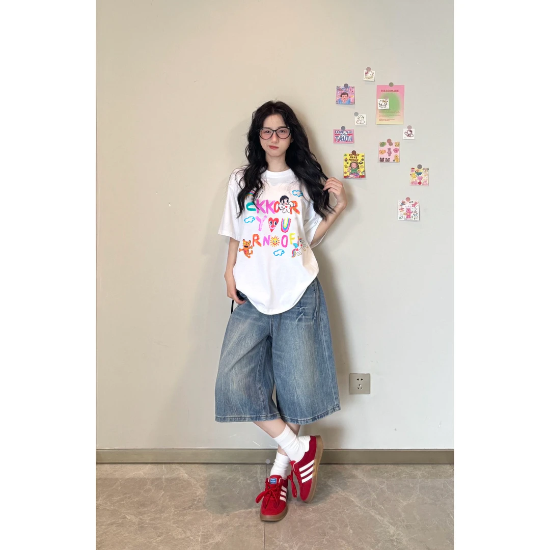 新款夏季卡通印花圆领短袖女t恤休闲百搭显瘦宽松小个子新款上衣