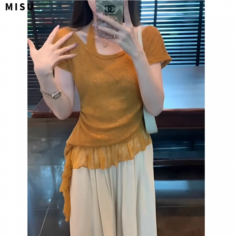 法式别致橘色荷叶边挂脖上衣女2025年夏季新款短袖T恤设计感