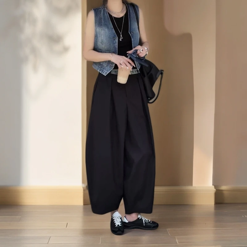 黑色时尚哈伦裤女早秋新款大码梨形身材宽松显瘦松弛感九分休闲裤