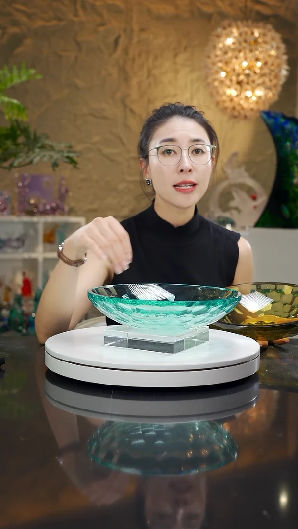 手工艺品琉璃湖水蓝切面果碗