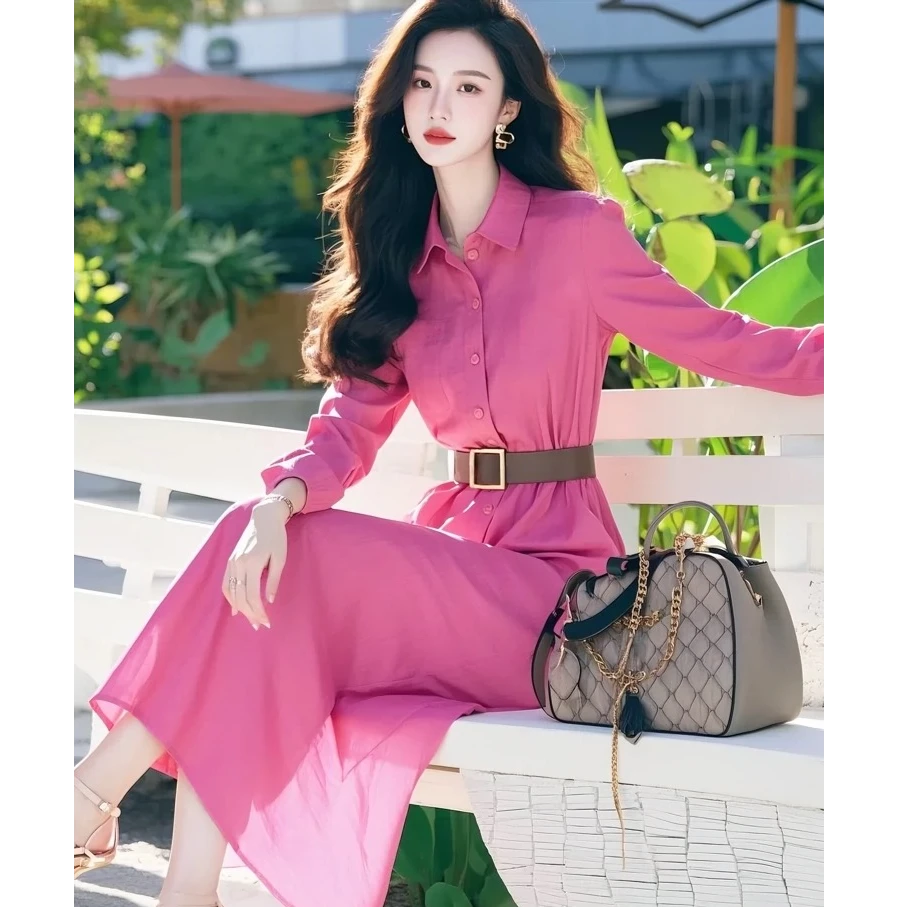 轻奢高级感小众玫红色翻领连衣裙女2025年春季超火新款气质衬衫裙