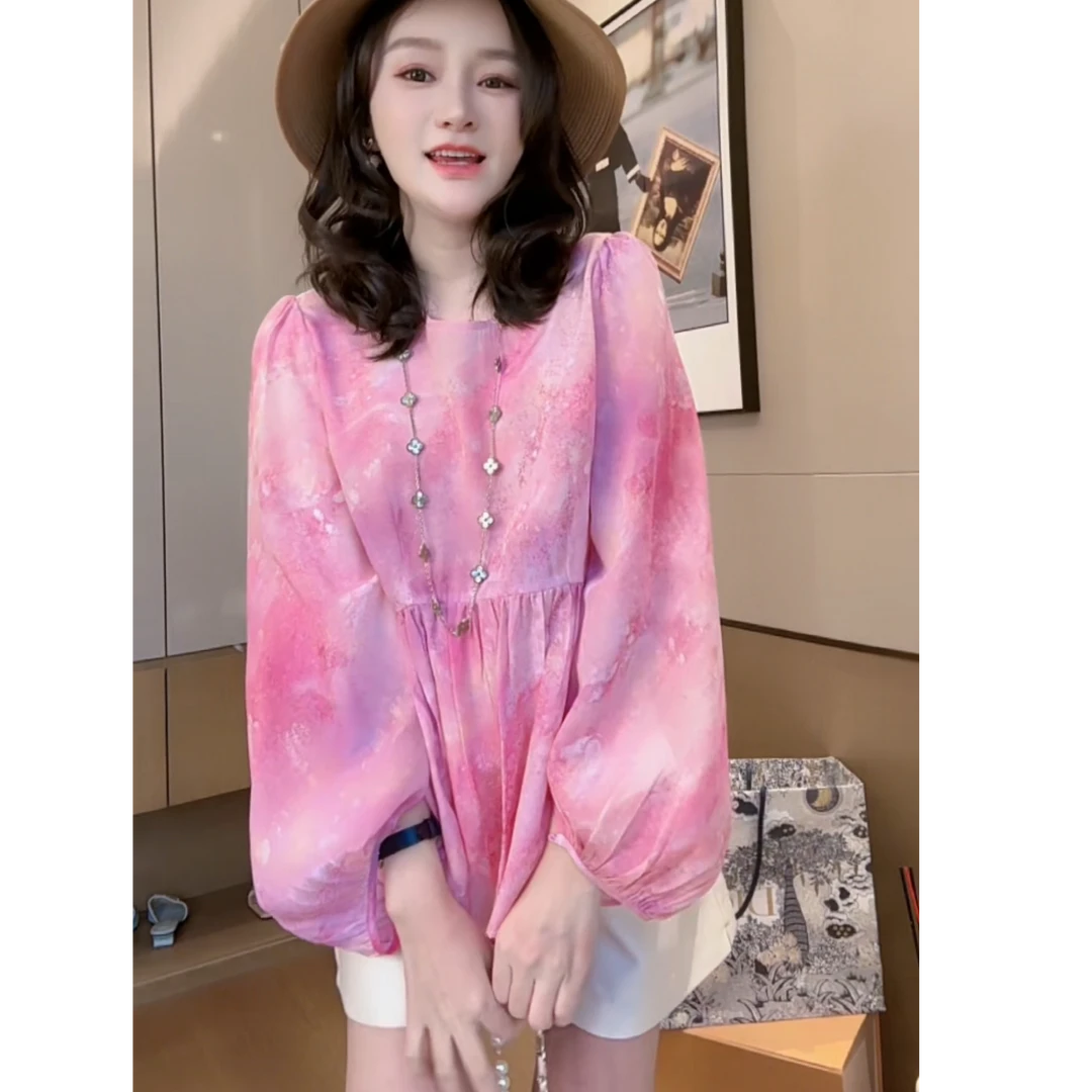 【丝芙玉禄】（F467）100%真丝双绉桃色夭夭碎花桑蚕丝上衣