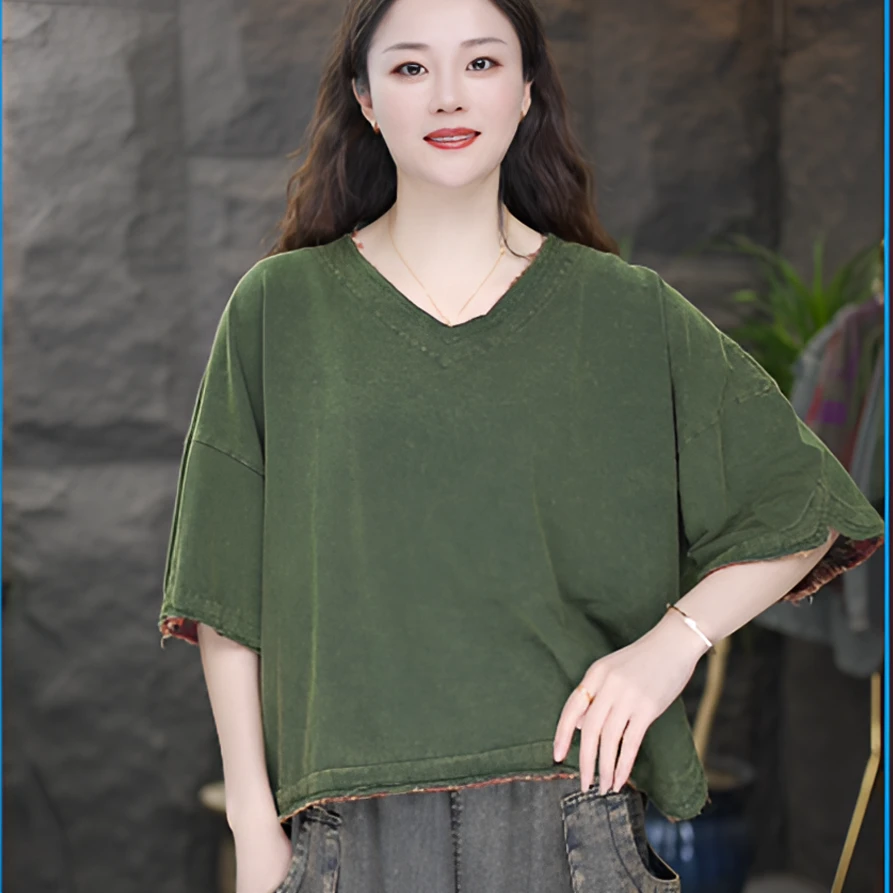 GG休闲显瘦中袖做旧夏季民族风短袖T恤水洗炒色百搭