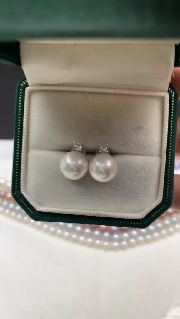 银S925镶嵌ff淡水珍珠白珠耳饰10~11mm
