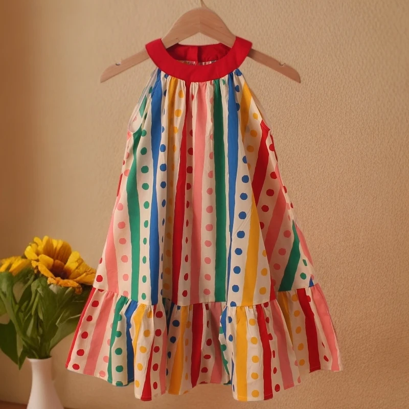 夏季A类纯棉童趣女童条纹可爱风凉快度假风碎花背心挂脖连衣裙