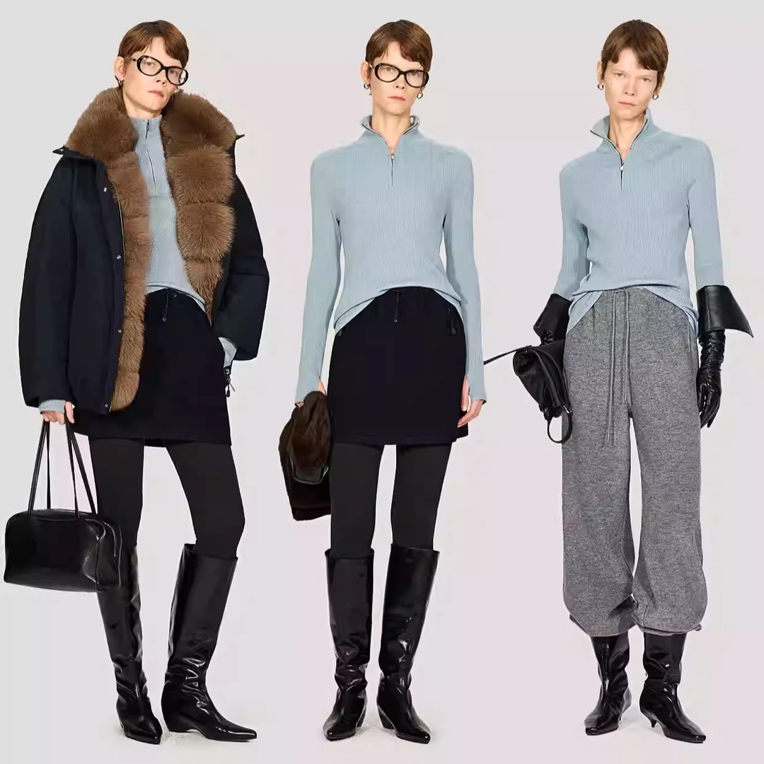 KEIGAN/开间德国可水洗羊毛拇指袖修身弹力显瘦拉链领针织打底衫