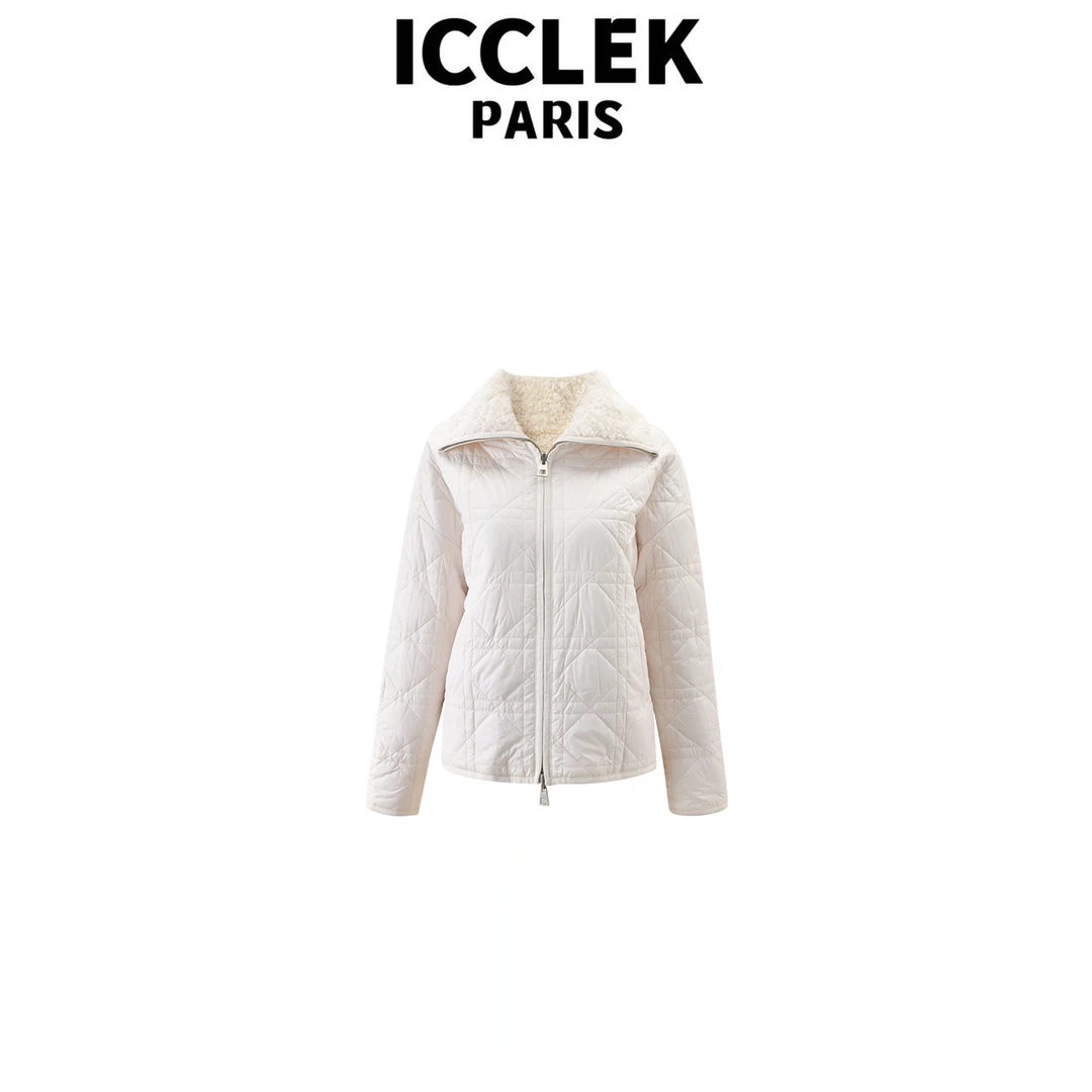 ICCLEK 白色翻领外套短外套棉服秋冬气质百搭显瘦通勤时尚 - 3519