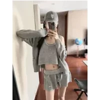 Ola 欧美华夫格套装连帽针织衫休闲上衣显瘦长袖运动短裤背心