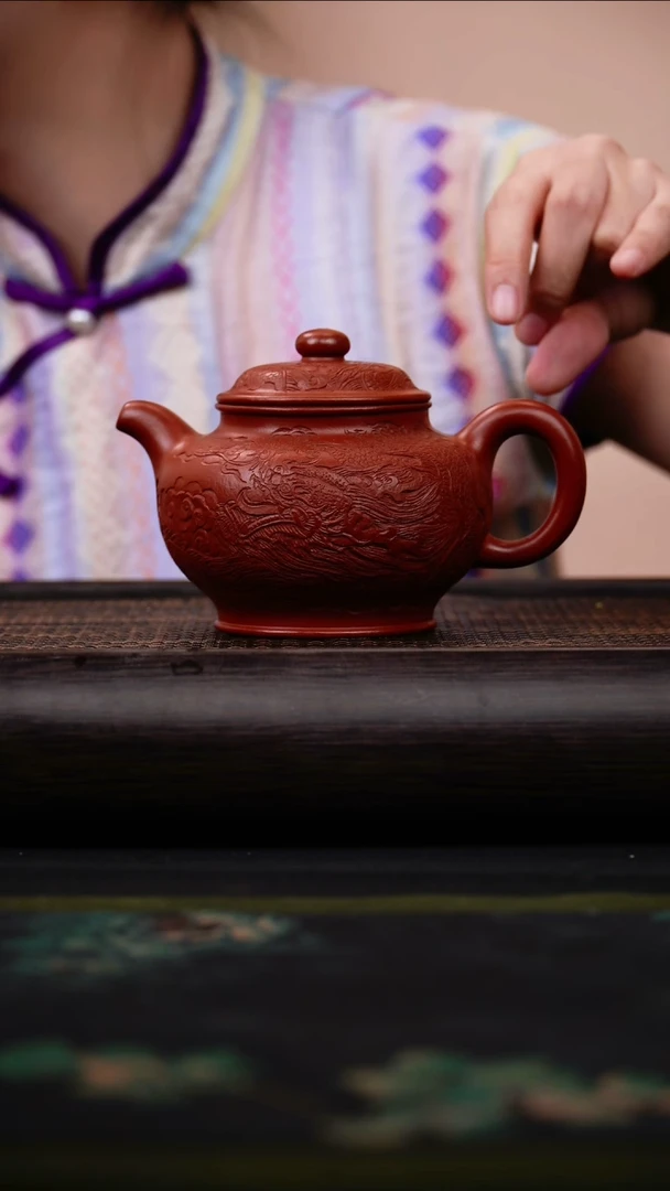 茶壶紫砂指***⏳掇只 朱泥大红袍 双龙
