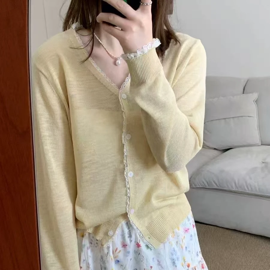 “v领法式蕾丝花边”针织和纸纱开衫纯色净版时尚