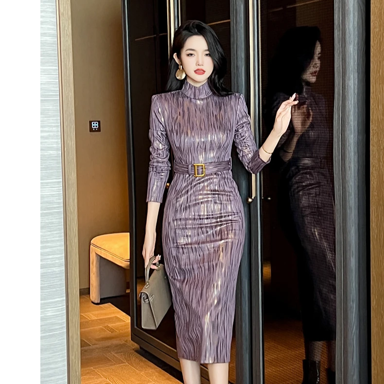 【十六大促】秋季新款女装气质立领皮身收腰包臀长袖连衣裙30607