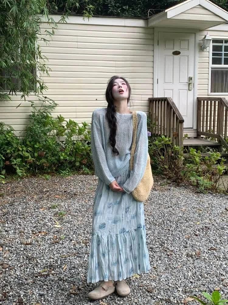 2025秋季新款韩系高级气质针织衫上衣设计感高腰半身裙时尚两件套