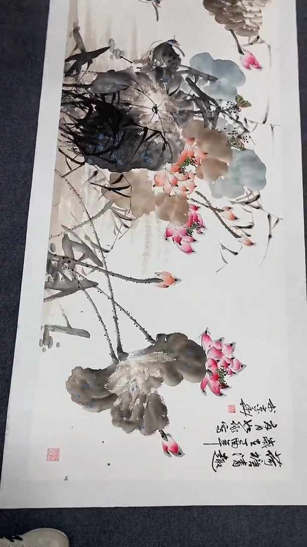 横款精品小六尺花鸟荷花，荷塘
