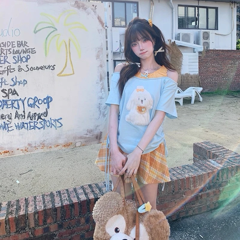 【南瓜小狗】甜美风蓝色假两件露肩上衣女夏立体宽松短袖T恤