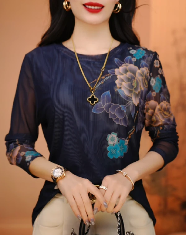 早秋肌肤网纱上衣透气双层高级百搭套头