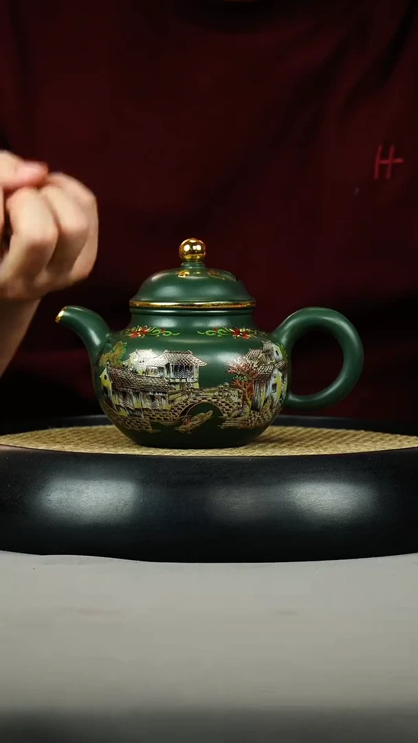 茶壶紫砂绿泥 掇球 珐琅彩 江南水乡
