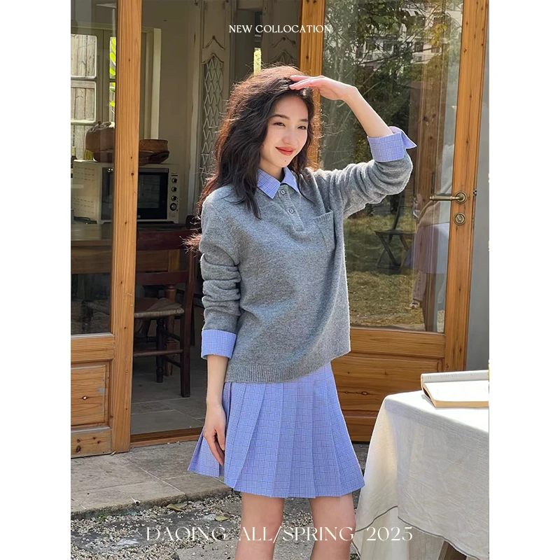 许大晴【半格】高级感羊毛POLO领拼接上衣格子半裙D4814