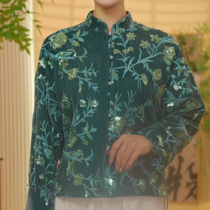 芹 新中式风 桑蚕丝 蓝色丝绒亮片外套 L 21724