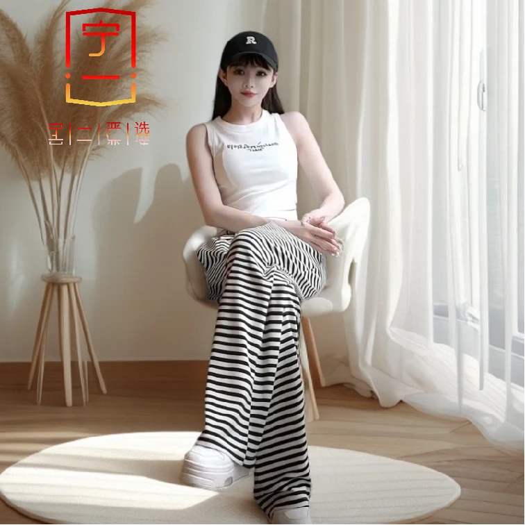 【 宁一女装】 时尚洋气显瘦欧货休闲黑白条纹阔腿裤夏显瘦新款百搭