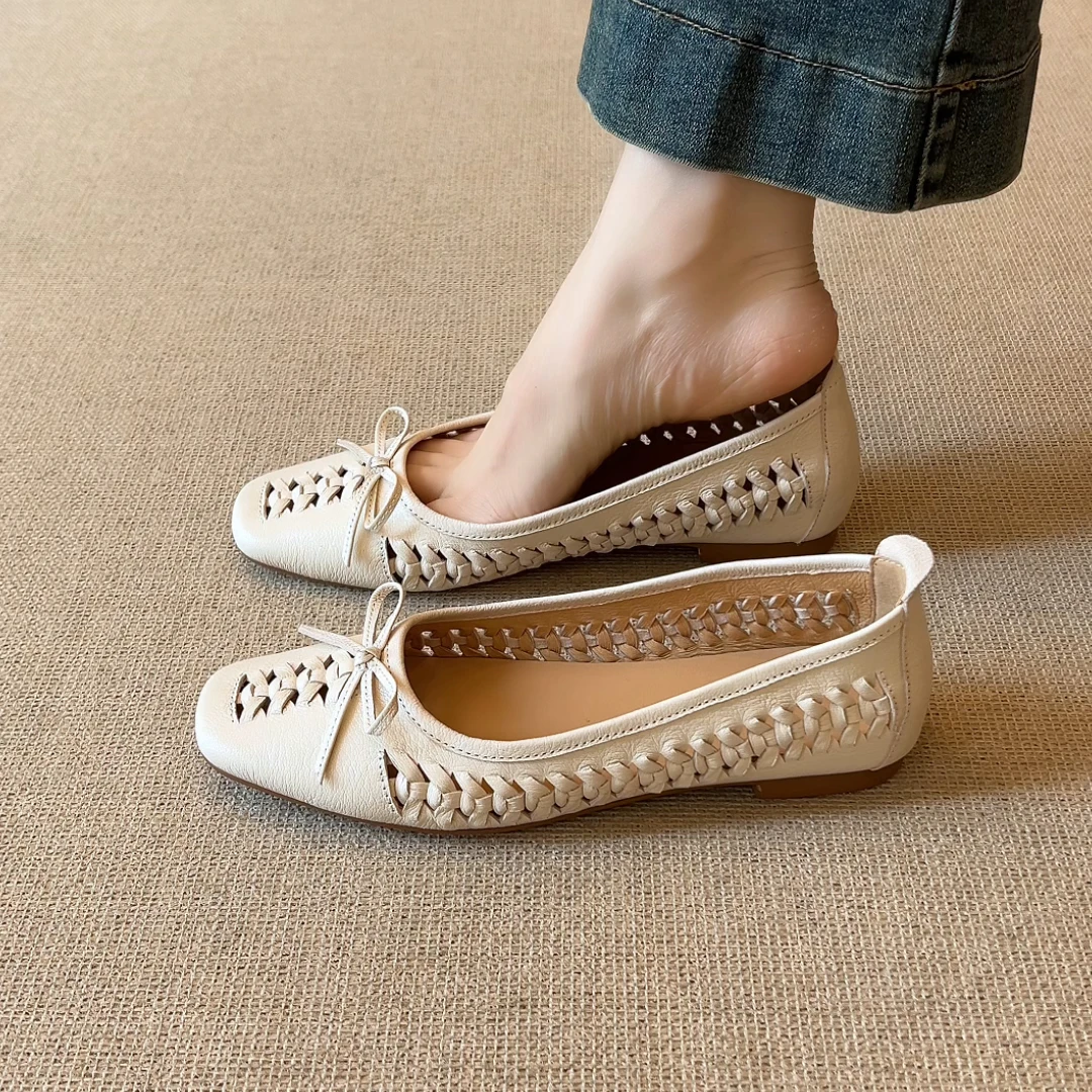nnmiss·34-40/1.5cm小众方头编织镂空透气蝴蝶结浅口平底休闲单鞋
