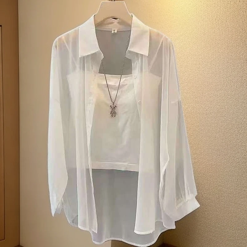 白色抗褶皱衬衫女夏季新款防晒衣百搭时尚薄款宽松长袖纯色衬衣