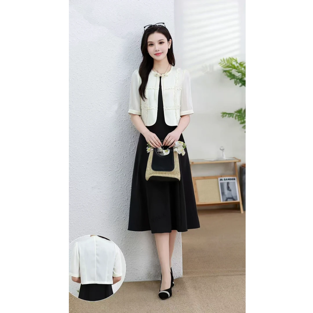 新款国风盘扣短袖外搭背心连衣裙气质减龄两件套TQ305