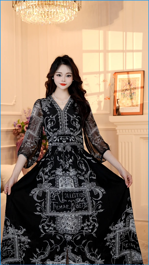 【梦巴黎】25年拼色定位花清透名媛风优雅气质收腰高端连衣裙