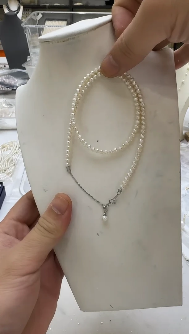 淡水珍珠银S925镶嵌项链4mm 吊小珠