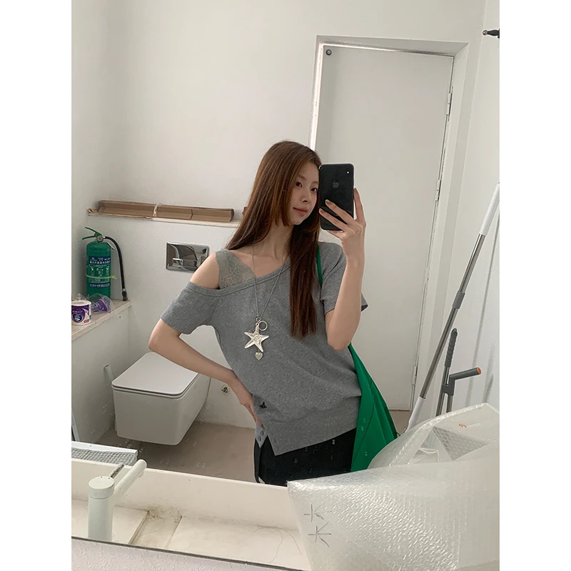 【HRG清仓】夏季美式纯欲蕾丝斜肩宽松短款T恤252H2158