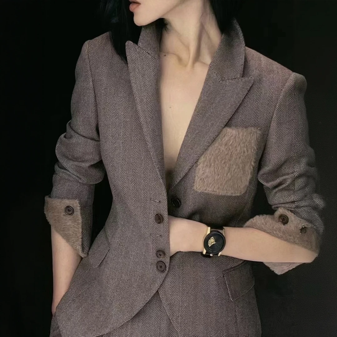 老钱风高定西服套装2025冬设计感毛呢人字纹收腰西装阔腿裤两件套