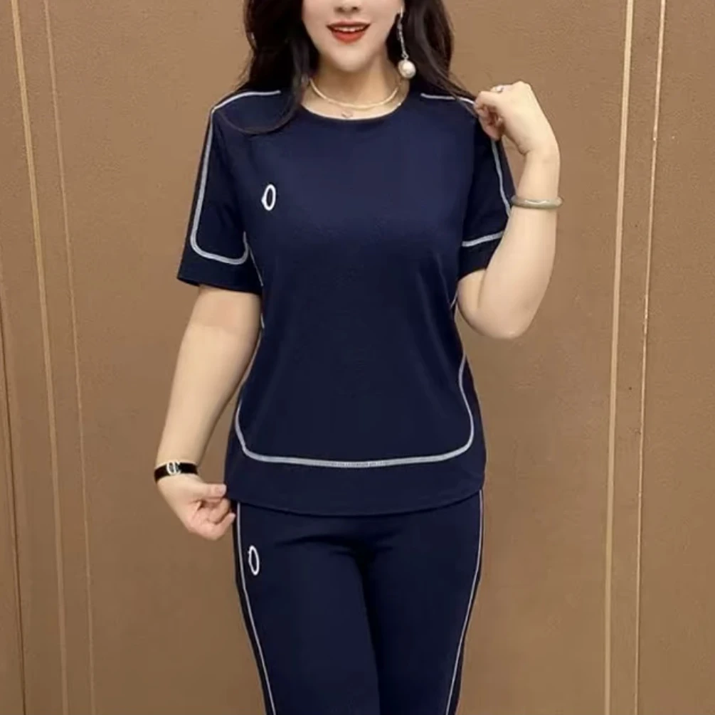 2025夏季新款时尚洋气减龄妈妈两件套宽松显瘦百搭休闲刺绣标套装