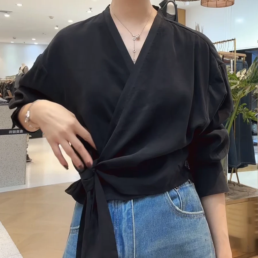 暗夜～韩系气质绑带设计感百搭2025年新款收腰显瘦衬衫女C5964