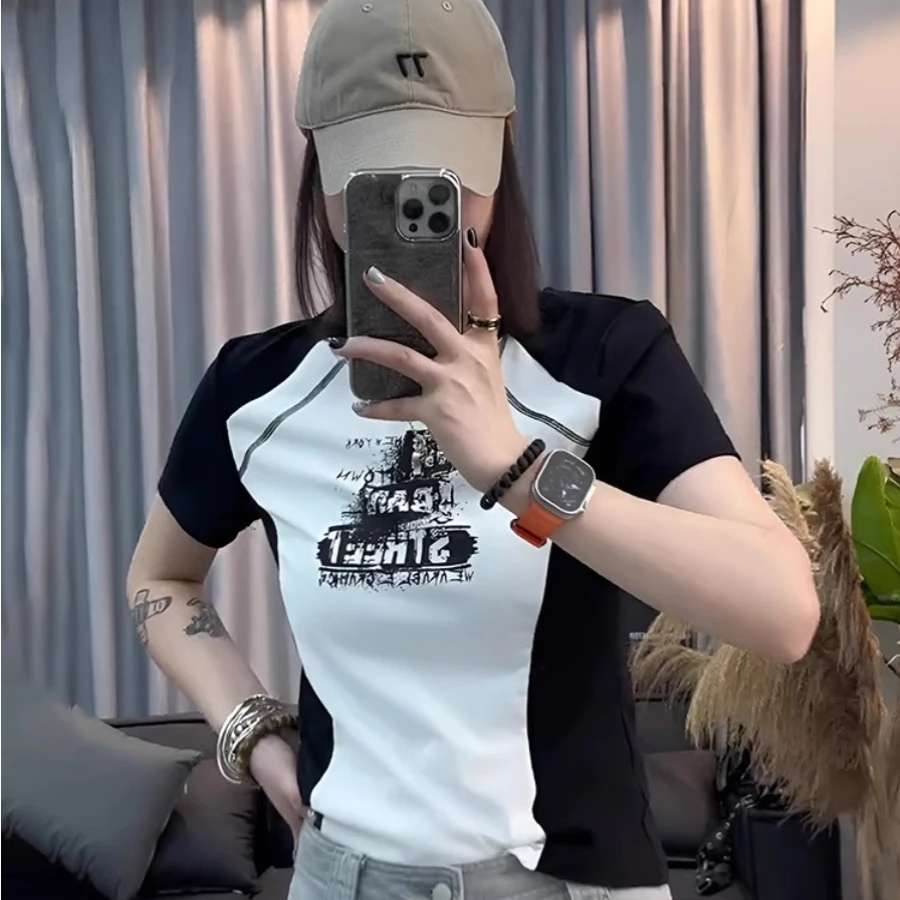 撞色插肩短袖T恤女夏季2025新款炸街爆款休闲圆领百搭印花上衣潮