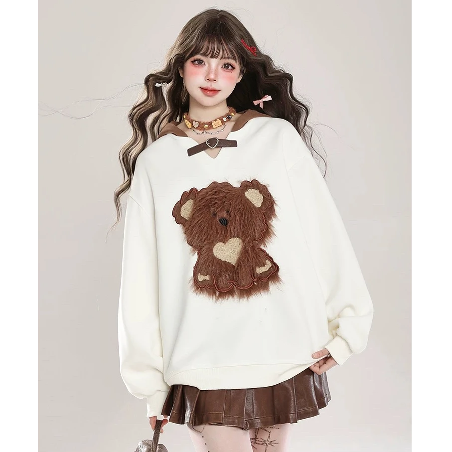 红色芝士redcheese熊熊假日小熊毛巾绣刺绣V领连帽卫衣女打底帽衫