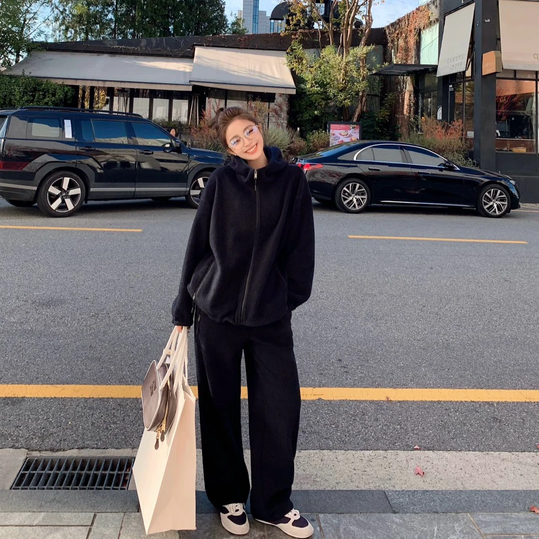 2025新款韩系慵懒风运动套装秋冬连帽开衫卫衣阔腿长裤休闲两件套