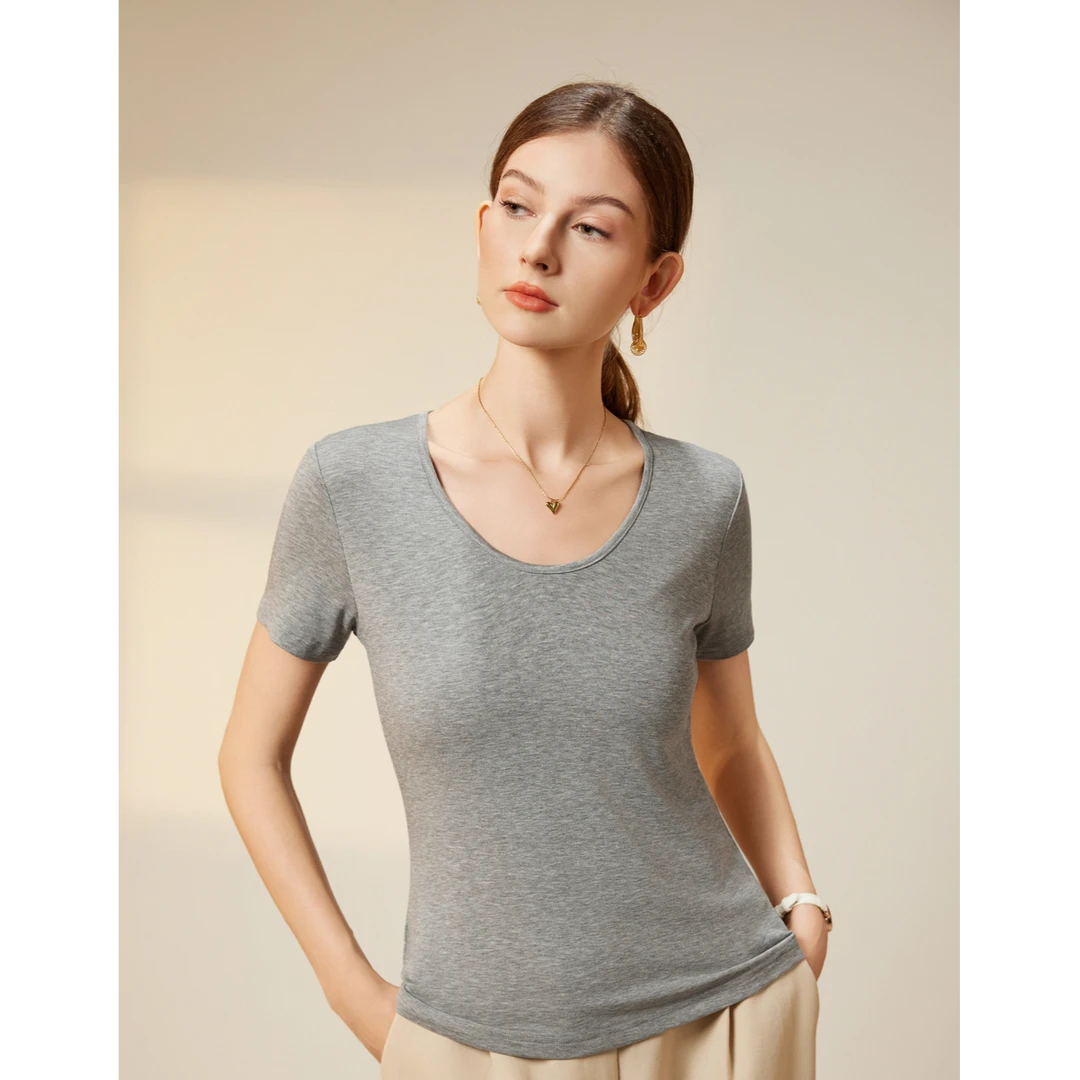 【未来美学】莱塞尔+羊毛 速干U领抗皱有弹力老钱风拼接T恤98-2510